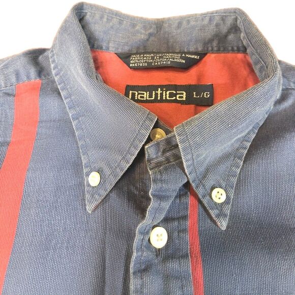 Vintage Nautica Shirt Men's Large Blue Red Wide Stripe Button Down 90s Classic - Picture 4 of 5